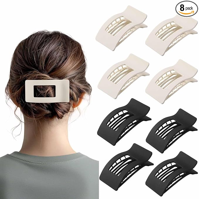 8 Pack French Flat Hair Clips for Women – Large Matte No-Slip Claw Barrettes for Thick & Thin Hair, Strong Hold Styling Accessories (Black and White)