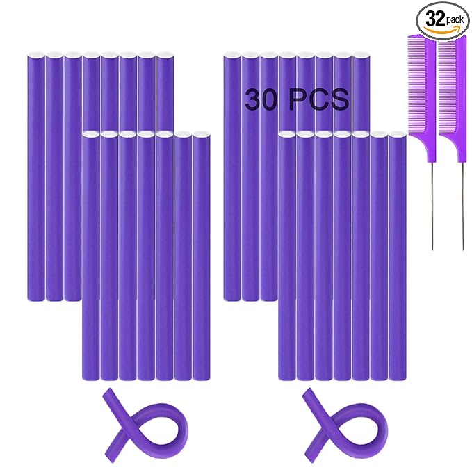 9.45"x 0.55" Flexible Curling Flexirods, 30Pcs Heatless Bendy Foam Rods for Long, Medium, Short Hair Curls - Purple
