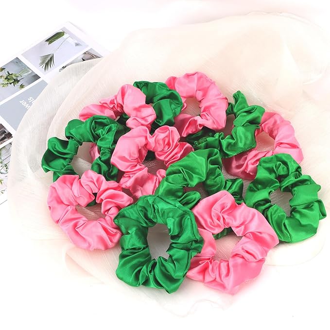 Silk Scrunchies for Women Girls 12 PCS Pink&Green Hair Scrunchies Silk Satin Hair Ties for Thick Hair Bulk Hair Ties Hair Accessories