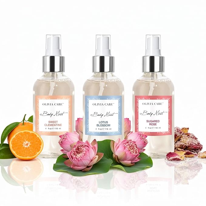 Olivia Care Body Mist Trio, 3 Scents: Lotus Blossom, Sugared Rose, Sweet Clementine (3 Bottles Total (1 of Each Scent))
