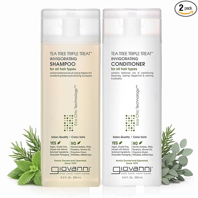 GIOVANNI Tea Tree Triple Treat Invigorating Shampoo & Conditioner Set - Cooling Peppermint, Eucalyptus, Rosemary, Helps Dry, Flaky Scalp, Salon Quality, Vegan, Cruelty Free - 8.5 oz Each