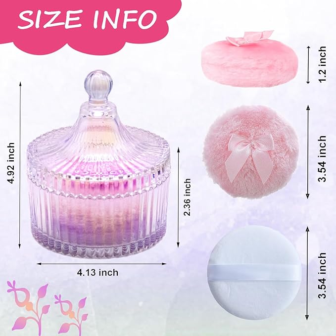 5 Pieces Large Body Powder Puff and Powder Container, Crystal Case for Dust Puff, Powder applicator with Box for Face and Body (Glitter, Yurt)