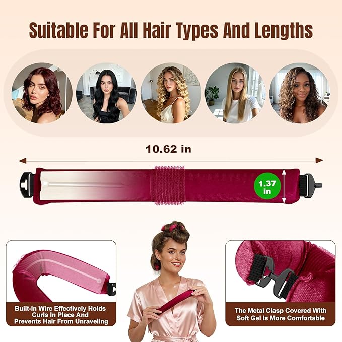 Overnight Heatless Hair Curler, Upgraded with Hair Pad Grippers Satin Jumbo Flexi Blowout Curls Rods, 3pcs No-Heat Styling Tools Curling Rod to Sleep in for All Hair Types - Wine Red