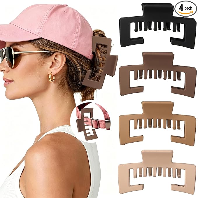 4 Pcs Large Hats Claw Clips for Women, Hat-Friendly Hair Clips for Trucker Hats and Baseball Caps, Matte Non-Slip Strong Hold Hair Claw Clips for Thick Thin Hair