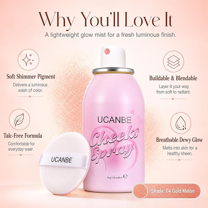 UCANBE Blush Spray with Puff, Hydrating Liquid Blush Mist for Cheeks - Soft Pigmented Buildable Blendable Breathable Blush, Healthy Dewy Glow Finish, Talc-Free, 04 Golden Melon (1.16 oz)