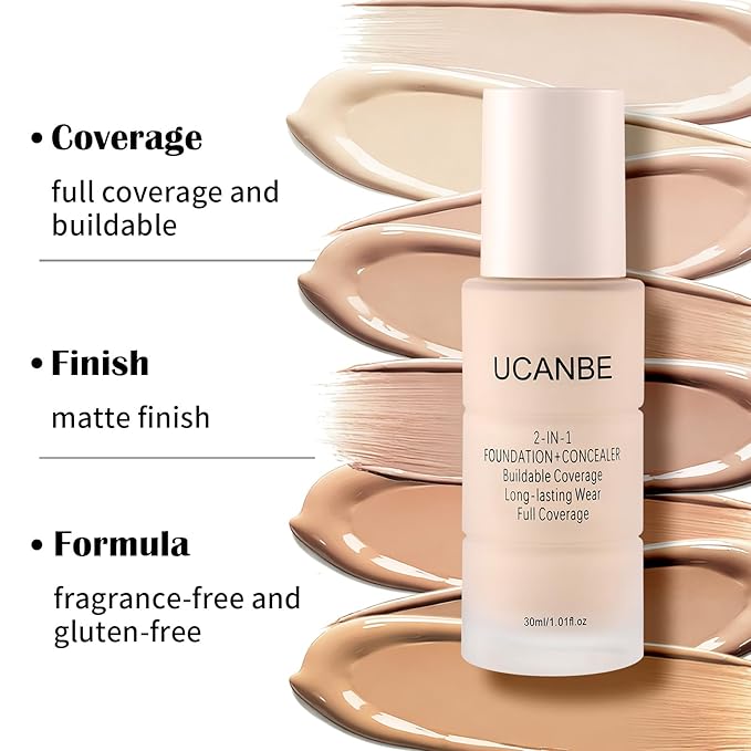 UCANBE 2-IN-1 Foundation + Concealer, Full Coverage Long-Lasting Matte Makeup for Normal, Combination and Oily Skin, Buildable Waterproof Formula with Hyaluronic Acid （03 Soft Beige）