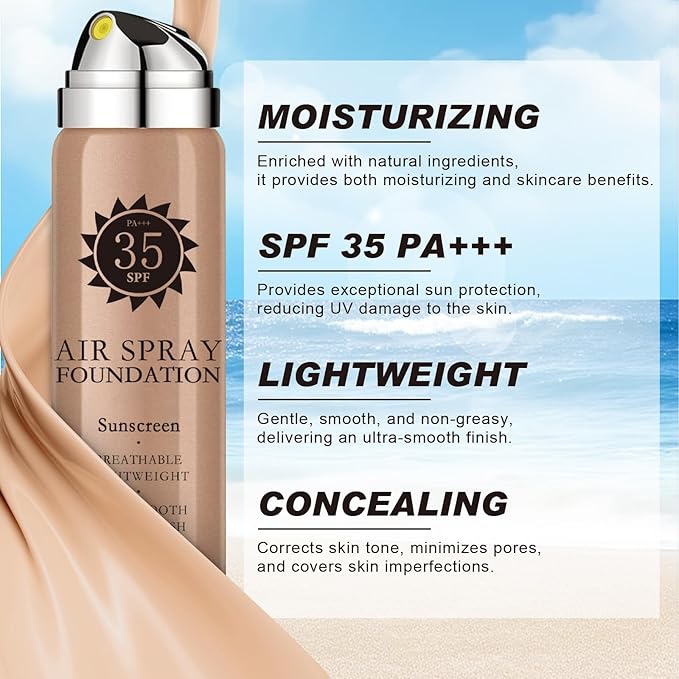 AirBrush Foundation Spray With Primer and Brush, Silky Mist Foundation Spray Makeup, Full Coverage Foundation for Smooth Radiant Finish, Formula Breathable Lightweight Hydrating (#2 Sunscreen Beige)