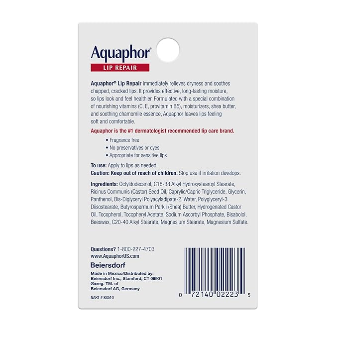 Aquaphor Lip Repair Ointment, Moisturizing Lip Balm Pack, Mothers Day Gifts, 0.35 Tube, Pack of 2