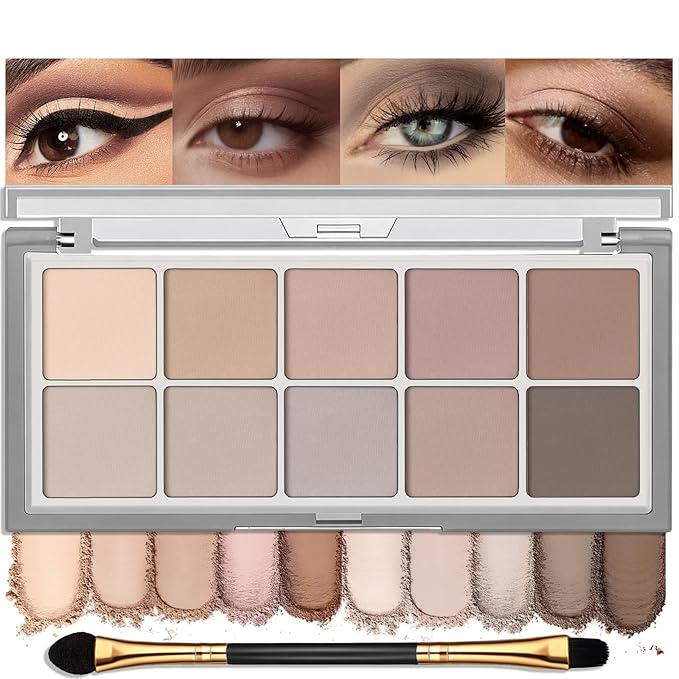 10 Colors Matte Eyeshadow Palette, Neutral Taupe Mauve Grey Brown Eye Shadow for Older Women, Long Lasting Blendable Smooth Versatile Nude Natural Smokey Eyeshadow Cool Toned Contour Makeup