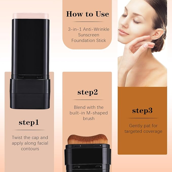 3 In 1-Luxury Anti-Wrinkle Foundation Stick SPF 50+ with Brush, Hydrating Non-Sticky Matte Foundation Stick, Travel Size Defense Face and Body Sunscreen Lotion, Dark Color, 1.42 Fl Oz