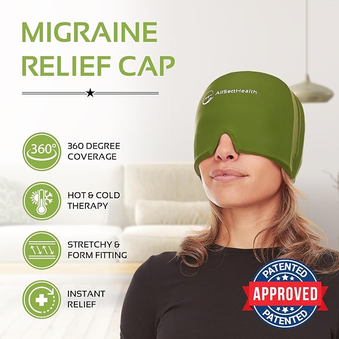Migraine Relief Cap Ice Head Wrap Headache and Migraine Hat | Headache Relief with Hot/Cold Gel Head Ice Pack with Face and Eye Headache Mask Compress - Green