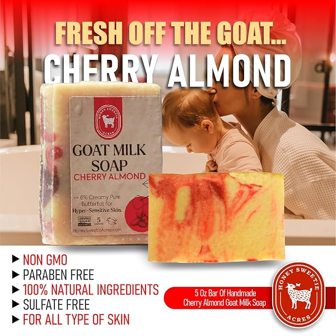 Honey Sweetie Acres 2-Pack of Cherry Almond Goat Milk Soap - Handmade 5 oz Bar, Made with Natural Ingredients, Moisturizing & Gentle, Made in the USA
