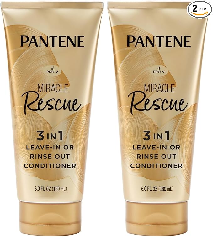 Pantene Miracle Rescue 3 in 1 Leave In Conditioner,Rinse off Conditioner,Heat Protectant for Hair,Detangler,Anti Frizz,Moisturizing,For All Hair Types,Safe-for Color Treated-Hair,6.0 fl oz,(Pack of 2)