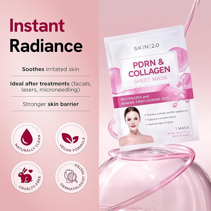 Skin 2.0 Salmon DNA PDRN Face Mask with Collagen – Dermatologist Tested, Anti Aging, Korean Skin Care – Deep Hydration, Firming & Plumping, Supports Barrier Repair – Vegan, Clean Beauty – 5 Count