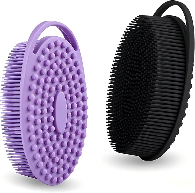 2 Pack Silicone Body Scrubber, Exfoliating Silicone Shower Scrubber for Body, Gentle 2 in 1 Silicone Loofah Alternative for Women Men, Dual-Sided Soft Bath Scrubber for All Skin, Black+Purple