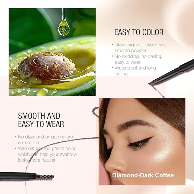 Eyebrow Pencil, Retractable Definer with Dual Brush, Ultra-Fine Tip for Precise Brow Makeup, Waterproof Gel Formula, Natural Hair-Like Strokes, Enhance Beauty (Dark Coffee, Diamond)