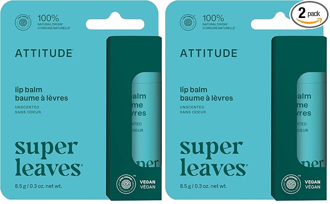 ATTITUDE Lip Balm, Natural Origin, Nourishes & Protects, Shea Butter, Coconut & Castor Oils, EWG Verified, For Dry Lips, Men and Women, Vegan, Unscented, 0.3 Oz (Pack of 2)
