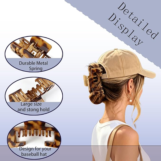 4PCS Hat Claw Clip for Women Large Tortoise Claw Clip for Long Thick Thin Hair Styling Trucker Hat Hair Claw Clips, While Exercising As Baseball Cap Decoration