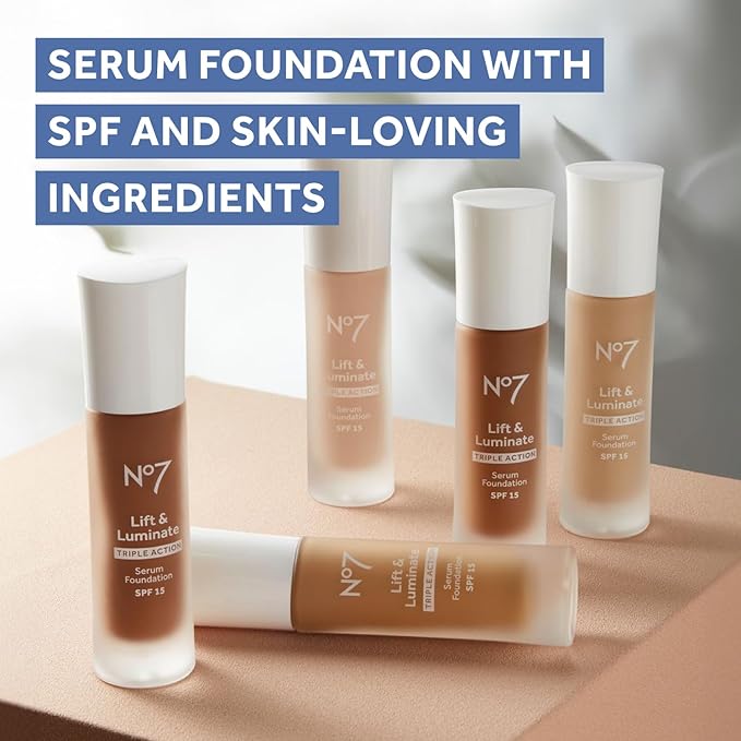 No7 Lift & Luminate Triple Action Serum Foundation - Liquid Makeup with SPF 15 for a Dewy, Glowy Base - Radiant Formula for Mature Skin - Cashew (30ml)