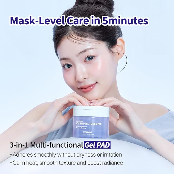 PONGDANG Dewy Glow Azulene Gel Toner Pad | Cooling Calm | Korean Gel Toner Pads with Guai Azulen, Chamomile | Soothing, Radiance & Uneven Skin Tone | Korean Skin Care