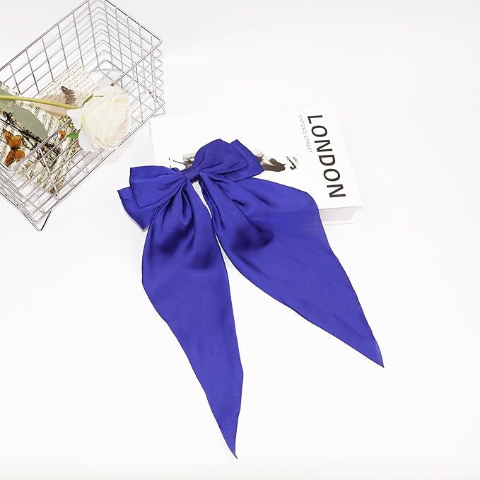 Silky Satin Oversized Long-tail Bow Clip, Large Blue Hair Bow for Women Girl, Hair Accessories with Long Tail, 1Pcs Blue