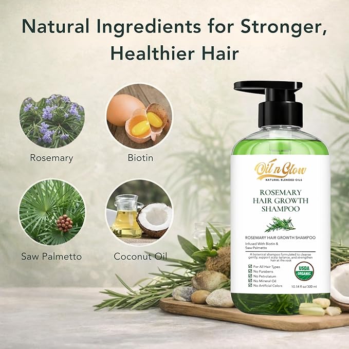 USDA Organic Rosemary Shampoo For Hair Growth For Thickening & Strengthening for Men & Women with Biotin, Scalp DHT Blocker Saw Palmetto For Thinning Hair Loss 10 Fl. Oz- Fragrance Free