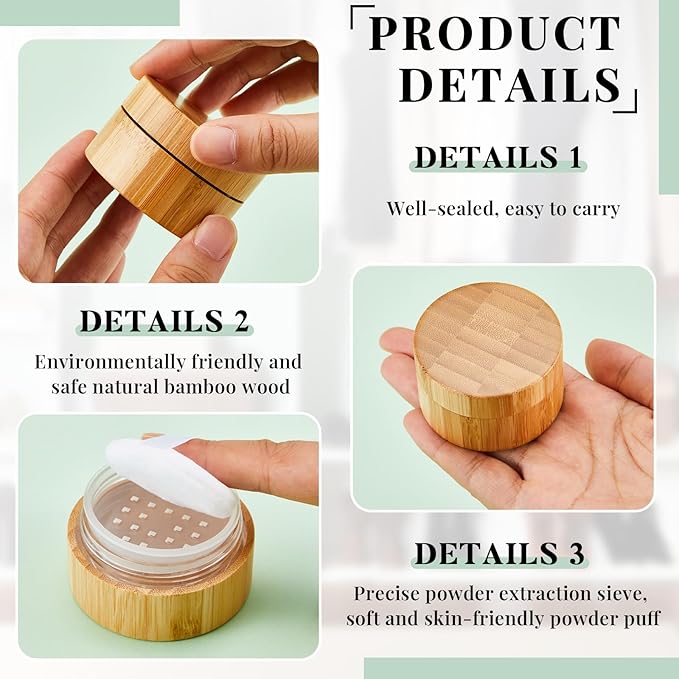 Frienda 10 ml Bamboo Loose Powder Puff and Container Empty Dusting Powder Jar for Body Face Makeup Travel Box Compact Case Holder with Sifter Lids and Puff