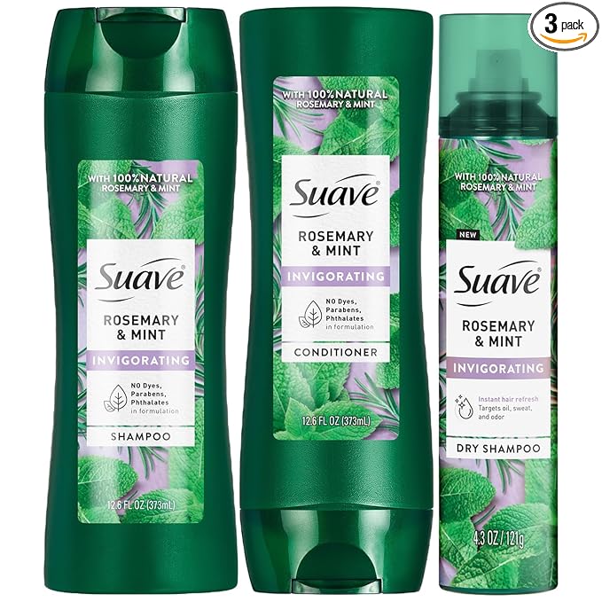 Suave Rosemary & Mint Shampoo and Conditioner Set + Dry Shampoo for Women with 100% Natural Essential Oils