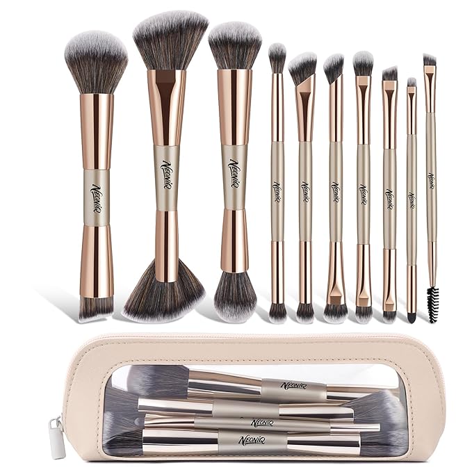 10 PCS Travel Makeup Brush Set With Bag, Makeup Brushes, Double-End Multi-functional Brushes for Foundation Powder Blush Eyeliner Eyeshadows, Professional Face Brush Set（Champagne Gold）