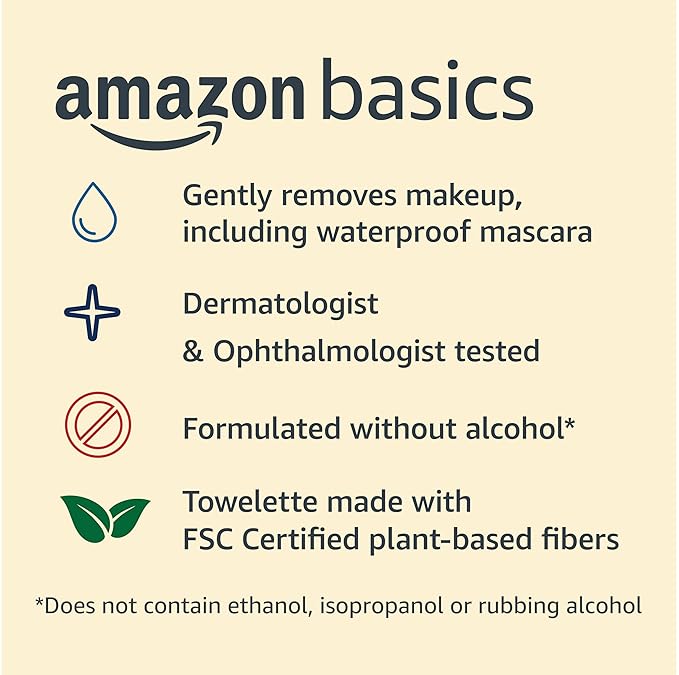 Amazon Basics Makeup Remover Wipes, Formulated without Fragrance and Alcohol-Free, Gentle Cleansing, Removes Waterproof Mascara, Dermatologist Tested, 25 Count, Pack of 6