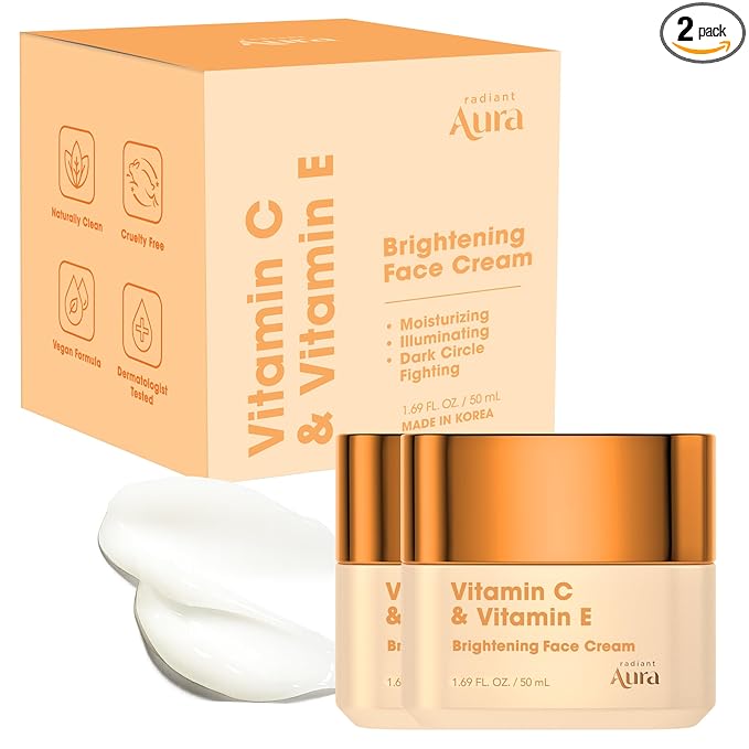 Vitamin C & Vitamin E Face Moisturizer – Dermatologist Tested, Anti Aging Korean Skin Care – Hydrating Cream For Smoother Youthful Looking Skin – Vegan, Clean Beauty – Pack of 2
