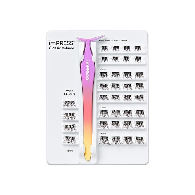 Kiss Impress Falsies Self Adhesive Eyelashes, Press On Lashes, 12mm-14mm Glam Volume Lashes, Black, No Glue Needed, Invisible Band, 36 Lash Clusters & Non-Stick Applicator - Voluminous