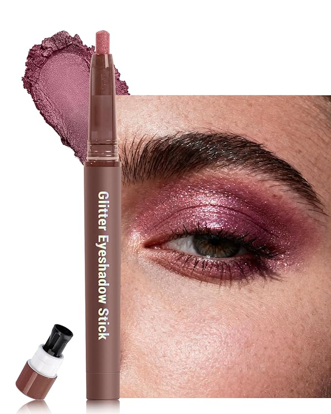 Glitter Eyeshadow & Eyeliner Stick 2 in 1 , Metallic Shimmer Eyeshadow Stick, Twist-Up Built in a Sharpener Burgundy Eyeliner Pen, Waterproof Creamy Eye liner Makeup for Women Christmas-01 Burgundy