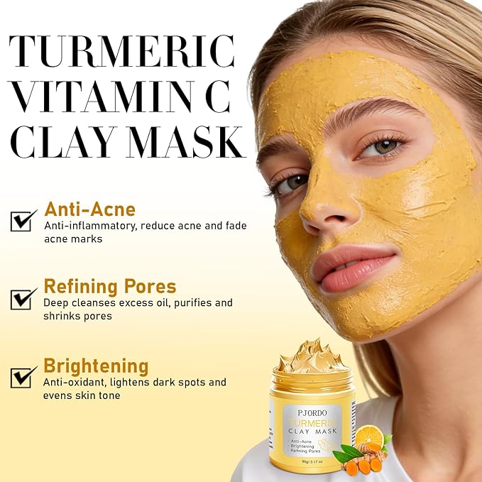 Pjordo 4 Pcs Clay Mask for Face(360g in Total), Turmeric Vitamin C, Dead Sea Mud, Green Tea Avocado, Rose, Face Masks Skincare for Pore Cleansing, Facial Masks for Women Skin Care, 3.17 Oz Each