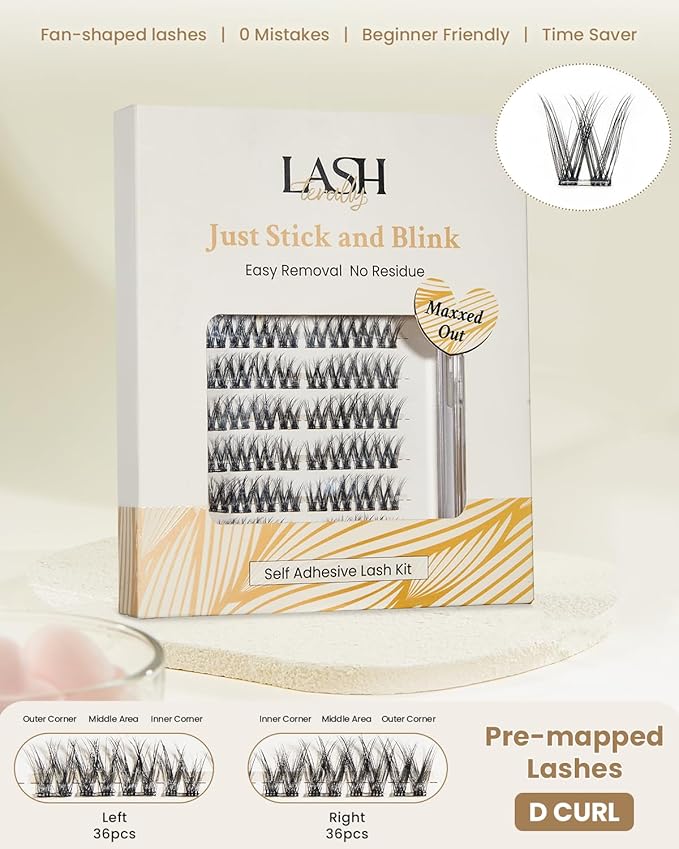 Self Adhesive Eyelashes Pre-glued Easy Removal Wide W Design Lash Clusters High Resilience Ultra Thin Lightweight Press on False Eyelashes 72 Clusters Lash Clusters Kit