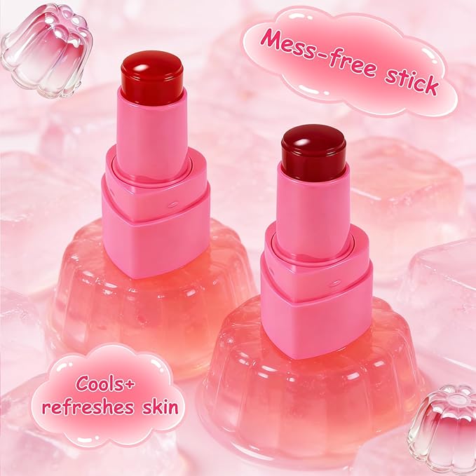 2PCS Jelly Blush Stick for Cheeks,Cooling Water Jelly Tint Stick,Moisturizing Lightweight Lip and Cheek Tint,Long-lasting,Cruelty-free,Sheer & Buildable Lip Stain + Blush（01+03）