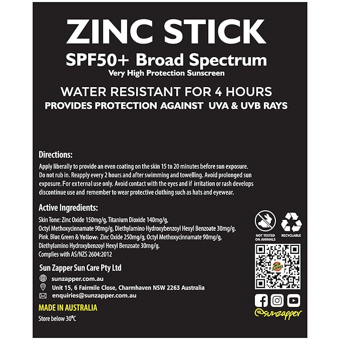 Sun Zapper Zinc Stick Mineral Sunscreen (Light Skin Tone, Pink, Blue, Green, Yellow) SPF 50+ Water Resistant for Face & Body, Adults, Kids, 8-Pack Broad Spectrum Sun Block, Made in Australia
