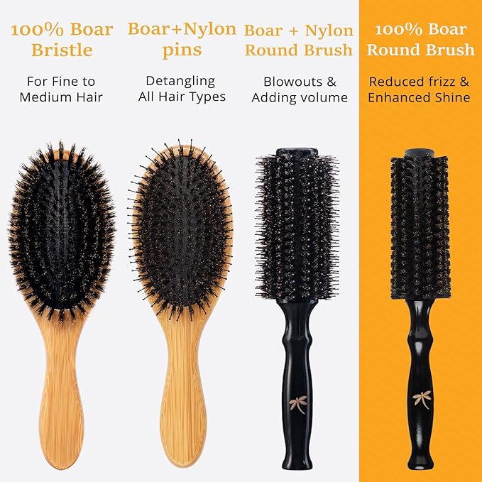 Belula 100% Soft Boar Bristle Round Brush for Blow Drying Set. Round Hair Brush With Small 1.6” Wooden Barrel. Hairbrush Ideal to Add Volume and Body. Free 3 x Hair Clips & Travel Bag.