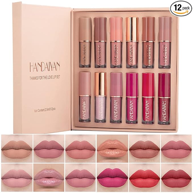 12 Colors Matte & Glossy Liquid Lipstick Set – Book Style Gift Kit for Women & Girls – Long Lasting Waterproof Lip Gloss with Nude, Pink, Red Shades, Non-Sticky, Transfer-Proof Lip Stain (Set A)