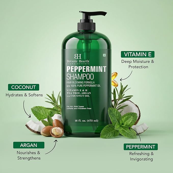Botanic Hearth Peppermint Oil Shampoo | Hair Blooming Formula With Keratin For Thinning Hair | Fights Hair Loss, | Sulfate Free For Men And Women | 16 Fl Oz