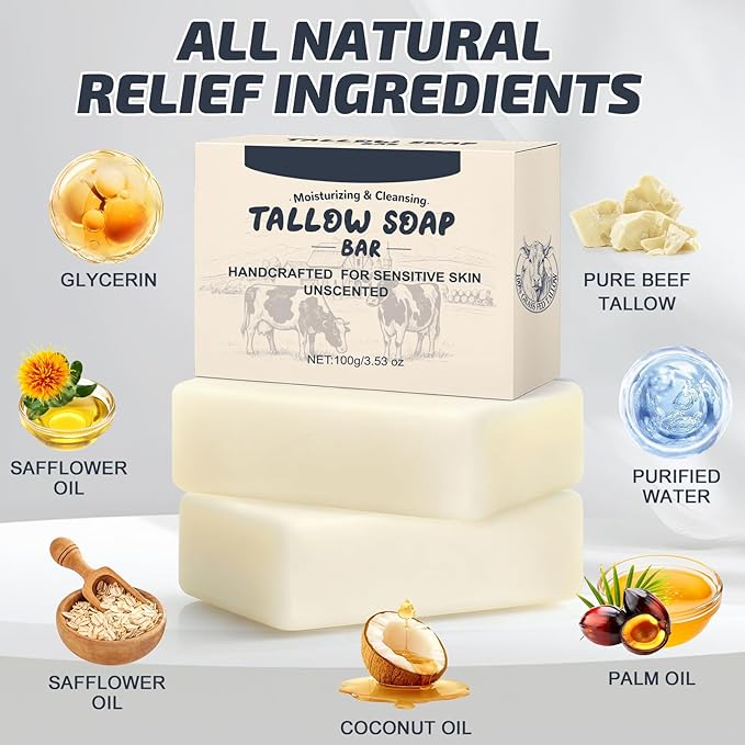 Beef Tallow Soap for Skin, All Natural Grass Fed Tallow Soap Bar, Moisturizes, Soothes, Hydrates Face & Body Wash for All Skin Types, Organic Handmade Bath Soap for Women Men - 2 Pack