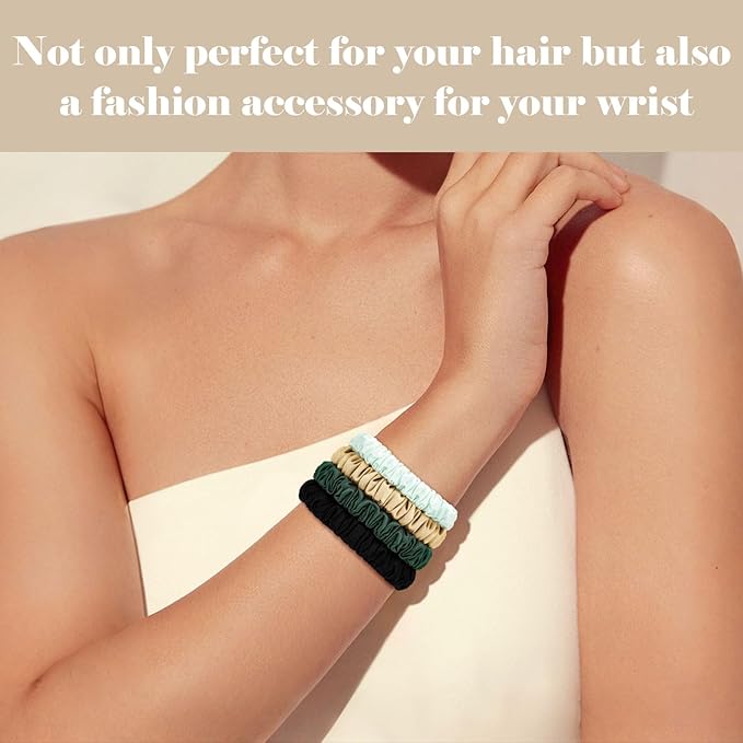 Scrunchies Hair Ties Silk Satin Scrunchy, WantGor Women 4PC Pure Mulberry Silk Skinny Elastic Scrunchies Hair Bands Bracelets Ponytail Holders Hair Accessories (Gold,Black,Green,Dark green)