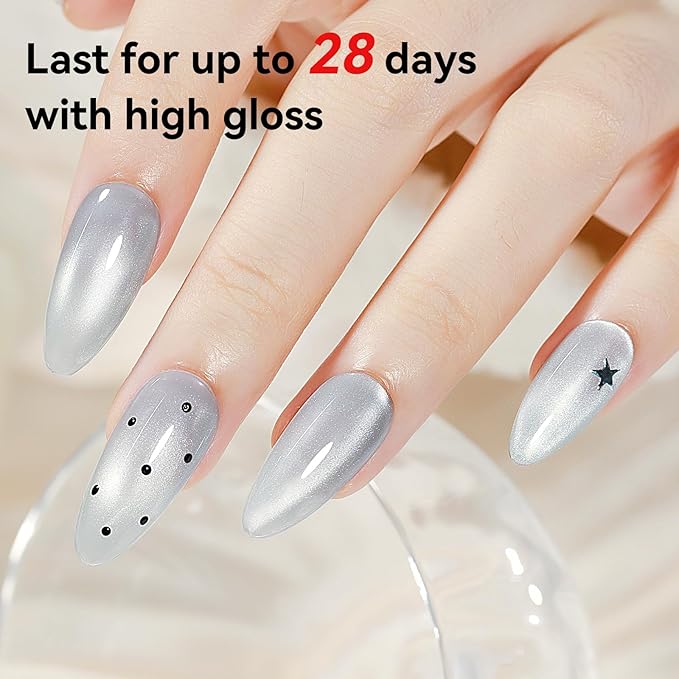 HEMA Free TPO Free Cat Eye Gel Nail Polish, 3-In-1 One Step Silver Cateye Gel Polish with Magnet, 12ml Glossy Glitter Magnetic Soak Off UV/LED Nail Art Gift
