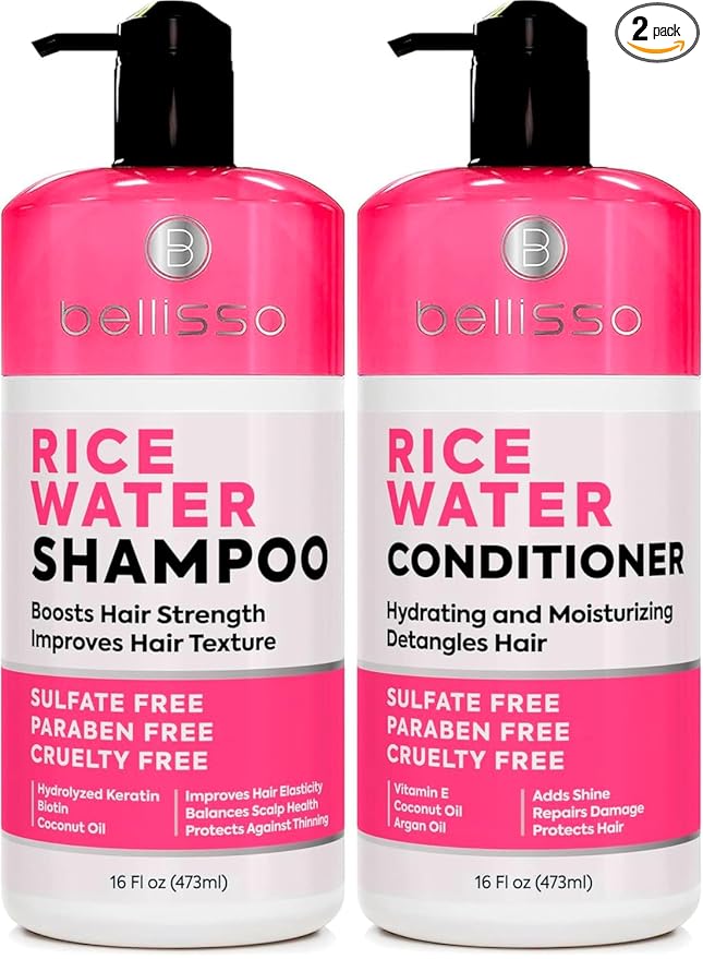Rice Water Shampoo and Conditioner Set - Sulfate Free for Thin and Fine Hair - Fuller, Thickening Formula for Women and Men - With Strengthening Saw Palmetto - Anti Thinning, Volumizing for Thick Hair