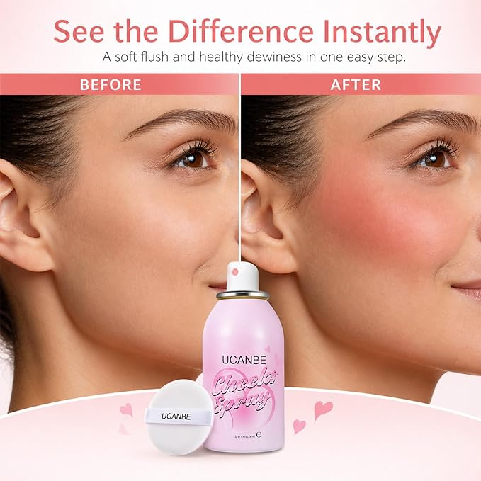 UCANBE Blush Spray with Puff, Hydrating Liquid Blush Mist for Cheeks - Soft Pigmented Buildable Blendable Breathable Blush, Healthy Dewy Glow Finish, Talc-Free, 02 Strawberry (1.16 oz)