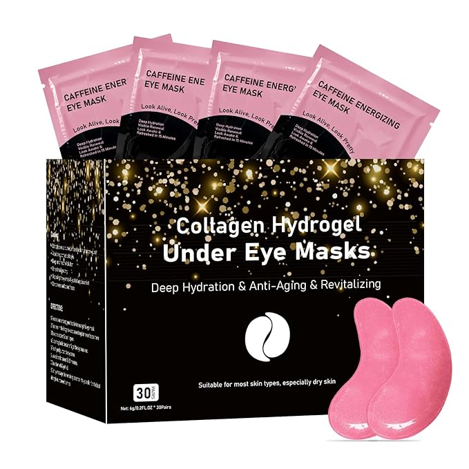 Adofect Hydrogel Caffeine Under Eye Masks, Collagen Eye Patches for Dark Circles Puffy Eyes Under Eye Bags, Deep Hydration Eye Gels for All Skin Types, Skin Care Gifts (Pink, 30 Pairs)