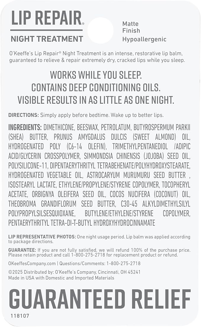 O'Keeffe's Lip Repair Night Treatment Lip Balm for Dry,Cracked Lips - 0.25 Ounce Jar - Moisturizer for Extremely Cracked,Dry Lips,(Pack of 4)