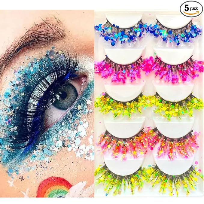 Sunniess Luminous Glitter Lashes,3D Dramatic Eyelashes with Sequins,25mm Decorative Sparkle Lashes for Halloween Christmas Cosplay Party Stage Makeup False Eyelashes