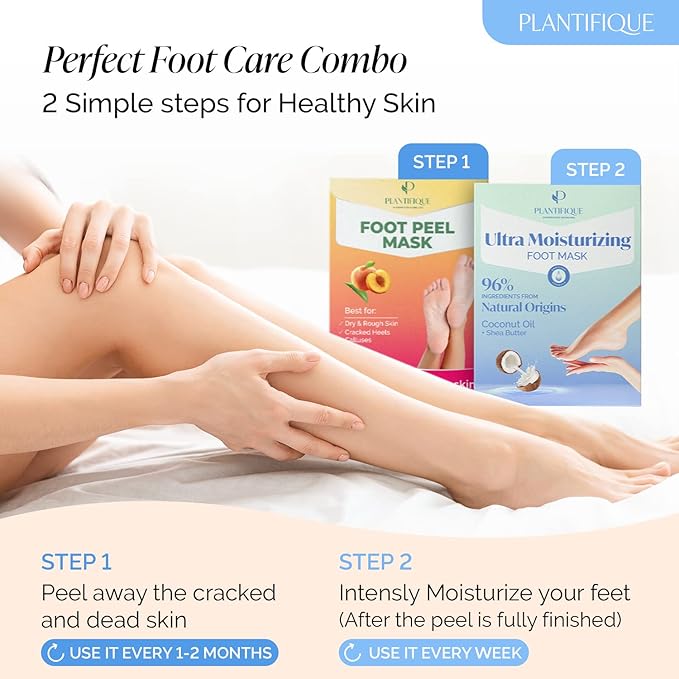 PLANTIFIQUE Foot Peeling Mask 2 Pack Peach and Korean Foot Mask with Shea Butter 4 Pairs box for Dry & Cracked Feet