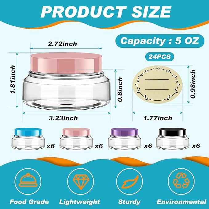 Tessco for you 24 Pack Plastic Jars with Lids Labels Multiuse Slime Containers Empty Body Scrub Jars Round Refillable Cosmetic Body Butter Container for Makeup (5 oz,Multicolor)